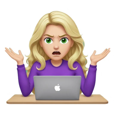 lady with long wavy blonde hair, purple top, green eyes, at desk with hands and face gesturing very angry and shouting, with a purple mac laptop  sticker
