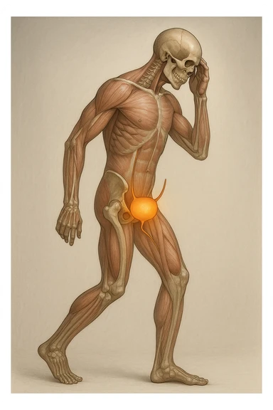 CORPO UMANO ANATOMICO CHE SI SVEGLIA LA NOTTE PER SVUOTARE LA VESCICA, VESCICA ANATOMICA IN EVIDENZA, SFONDO CHIARO NEUTRO sticker