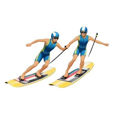 A humanless icon showing a close-up pair of water skis skimming across the surface of a lake in motion. The design includes a wake behind splashing water, and the sun reflecting on the water. Transparent background highlights the speed and thrill of water skiing. sticker