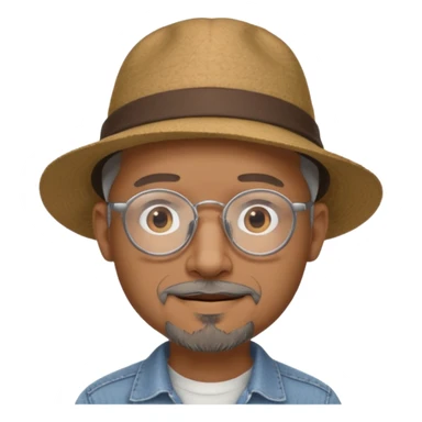 Brown man with wide rimmed hat no hair, gray goatee, clear glasses and slightly smiling sticker