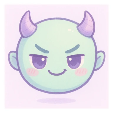 devil emoji, chibi style, pastel palette with mint green and soft purple colors, tiny horns, cute but mischievous expression sticker