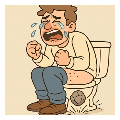 a cartoon man pooping a rock and crying, exaggerated emotions sticker