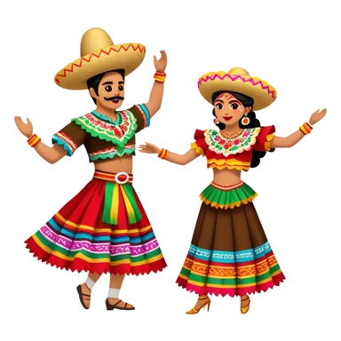 Cinematic Realistic scene of two performers dancing the Jarabe Tapatío, dressed in colorful traditional Mexican costumes with intricate embroidery, captured in energetic, festive motion with vibrant, celebratory lighting sticker