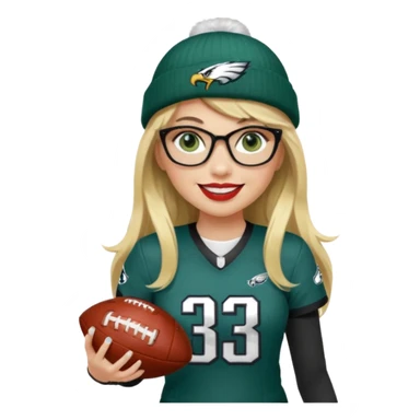 full length women wearing eagles uniform, long blonde hair, styled bangs, green eyes, black glasses, holding football, number 33, smiling, lipstick, eagles beanie sticker