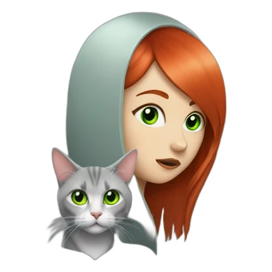 Girl with long straight red hair, sad and heavy metal with white and grey cat with green eyes over her head  sticker