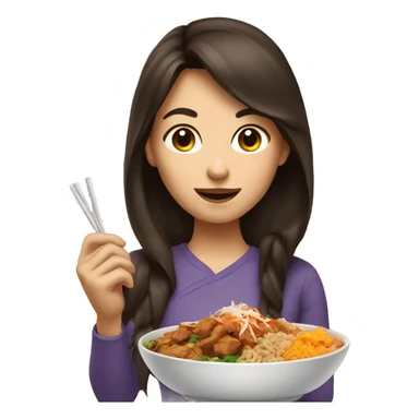 Brunette girl eating Asian food sticker