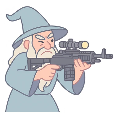 Gandalf the Gray aiming an M-14 EBR, about to 360 no-scope, whimsical, soft pastel tones, pastel toon style sticker