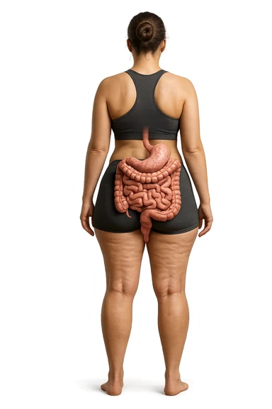 una donna di spalle a figura intera in gym shorts con cellulite e intestino umano anatomico, iperrealistica 4k
 sticker