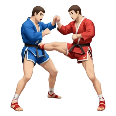 Two Sambo fighters in blue and red kimonos, with shorts and wrestling shoes, performing grappling and throwing techniques. The background shows a wrestling mat and an intense, focused atmosphere. Transparent background highlights the fluidity and skill of the sport without strikes. sticker