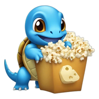 Blue cartoon Pokemon turtle with brown shell eating popcorn sticker