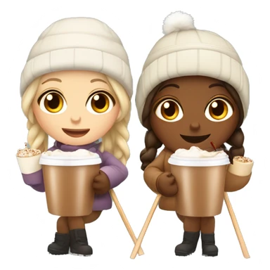 Two girls one beige skin one tanned and they are skiing with hot chocolates  sticker
