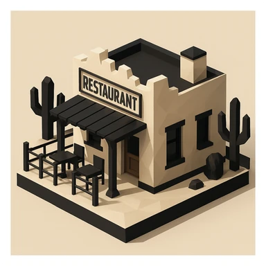 isometric exterior of a southwestern restaurant, black, beige, and white color palette, dollhouse style, low-poly polygonal 3D look sticker