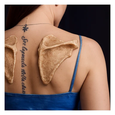 Add detailed scapulae on the woman's back in a realistic style with a texture that highlights the bone surface. The image should emphasize the tactile quality and surface details of the scapulae. sticker