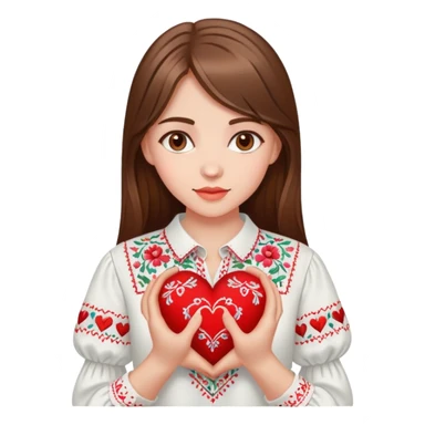 Beautiful young girl with brown hair in a white Ukrainian embroidered shirt holding a large embroidered heart sticker