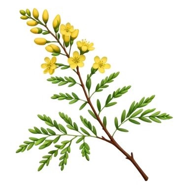 A delicate acacia flower with soft petals and vibrant colors, blooming on a slender branch with green leaves sticker