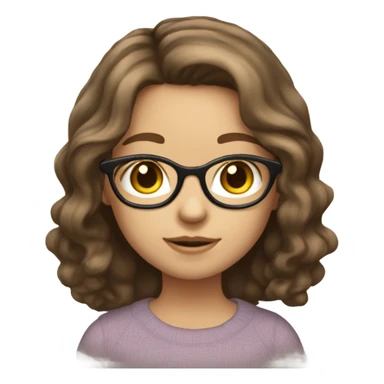 girl with brown slightly wavy hair, kinda like a subtle blowout, glasses that have a very thin metal frame, round but kinda cat shaped, brown eyes, fair skin sticker