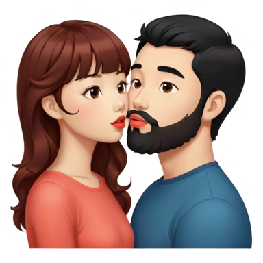 handsome asian man with black hair and beard, kissing cute tan skin woman with long wavy reddish brown hair with bangs and coral lipstick sticker