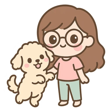 chibi style brunette female with glasses with her cream colored goldendoodle jumping up sticker