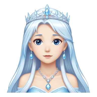 Shiny cute mature Beautiful anime ice queen with white long pretty hair with light-blue streaks, wearing an icy thin long dress and a silver tiara, necklace,  sticker