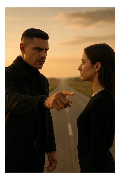 Cinematic photo of a confident man giving clear direction to a woman, standing in front of her with a firm but calm expression, pointing forward as if showing her the path to follow. The man is dressed in a dark jacket, embodying the role of a commander, while the woman looks at him attentively, ready to follow. The setting is an open road at sunrise with soft golden light, symbolizing new beginnings and leadership. Shot from a side angle, capturing both profiles with a clear view of his guiding gesture. sticker