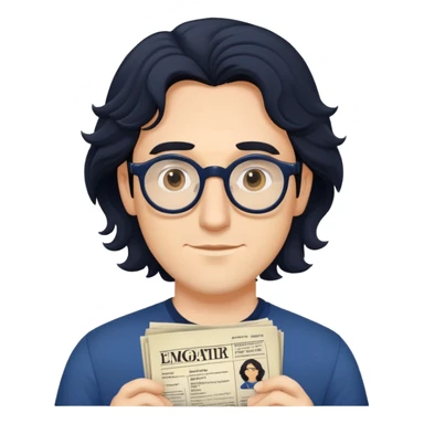 Young caucasian man with longer wavy black hair, round glasses, dark blue shirt, with theater playbill in hand sticker