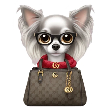 Grey Merle long hair chihuahua in a Gucci handbag sticker