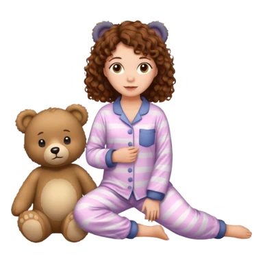 Grown up Woman with brown eyes, brown curly hair, white skin, full body in cute pijama bear sticker