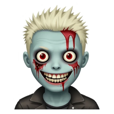 zombie boy withemo spiky hair, white skin, and white eyes; an open smile, and bloodied teeth; sticker