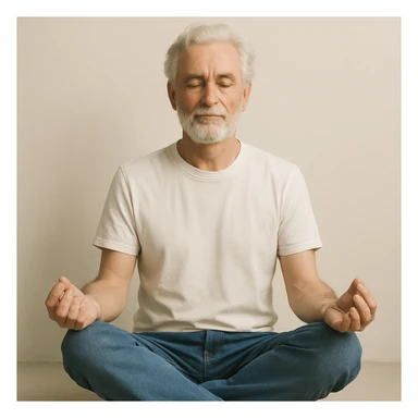 grey-haired and bearded white man meditating, white t-shirt, blue jeans, peaceful expression, minimal background sticker