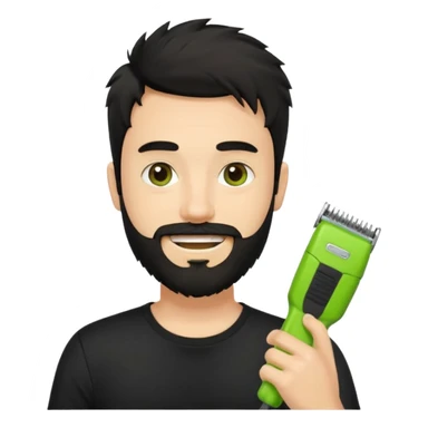 smiling young fair-skinned man with messy black hair and beard, wearing a black t-shirt, holding one small true-to-size lime green face beard trimmer in one hand, iOS emoji style sticker