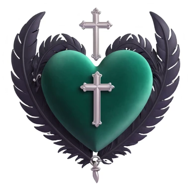 gothic heart, dark emerald velvet, silver cross, feather accents, lush and gothic sticker