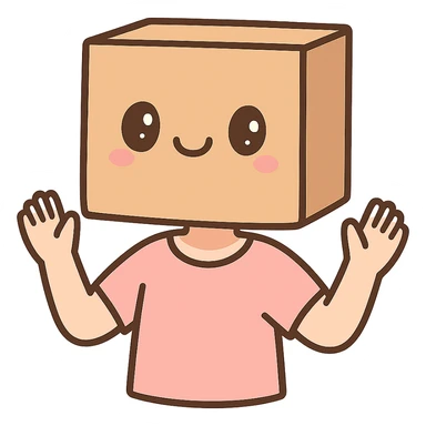 a person with a cardboard box on their head, the box has a cute smile, playful and lighthearted style sticker