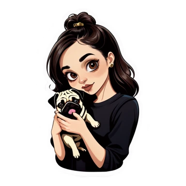 Beautiful young girl with choppy long dark brown hair flows over her her septum piercing is gold and shines as she holds her black phone and her large pug with an underbite layed beside her sticker