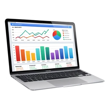 Create a macbook displaying financial analytics dashboards on the screen. sticker