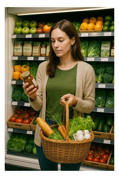 Donna che sta scegliendo quali alimenti di qualità mangiare sticker