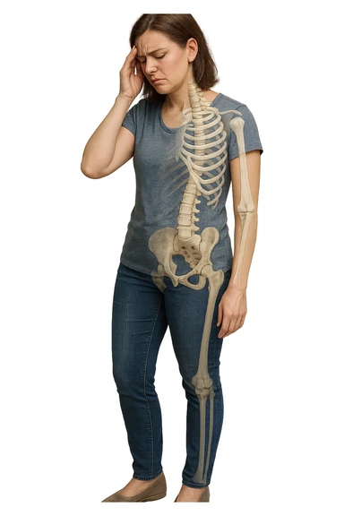 donna stanca a figura intera che si tiene una mano sulla tempia con spina dorsale anatomica visibile, iperrealistico 4k sticker