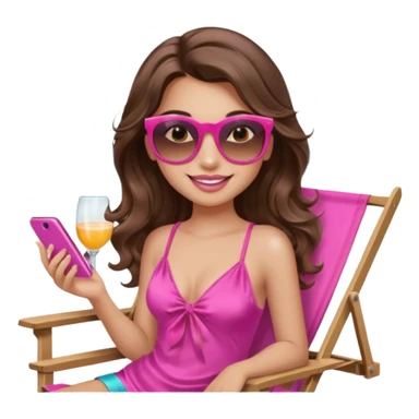 girl with long wavy brown hair, brown eyes, long lashes makeup, sexy pink lips, smiling, light to medium complexion, wearing a pink sexy silk top, relaxing in a beach chair  sticker
