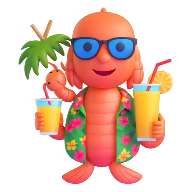 shrimp on vacation wearing sunglasses and a hawaiian shirt, holding a tropical drink, relaxing on a beach, memoji style sticker