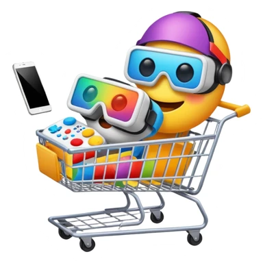 shopping cart with a VR headset, tablet, and game controller inside emoji sticker