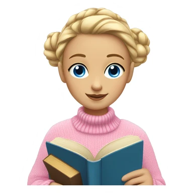 girl in a pink sweater, blonde with a bun and blue eyes, reads a book sticker
