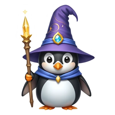 A cute penguin dressed as a wizard with a pointy hat and holding a magic wand sticker