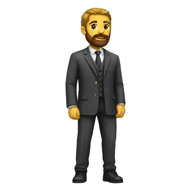 Roman male wearing a suit standing straight up , full beard mix with yellow  sticker