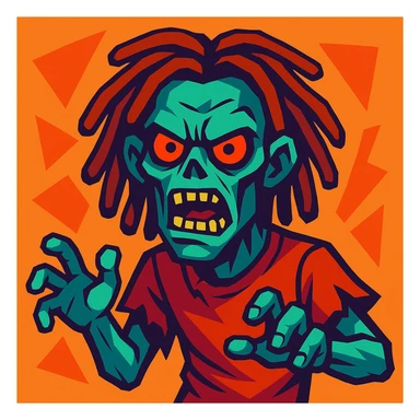 zombie with dreadlocks, menacing expression, stylized, vibrant toon style sticker