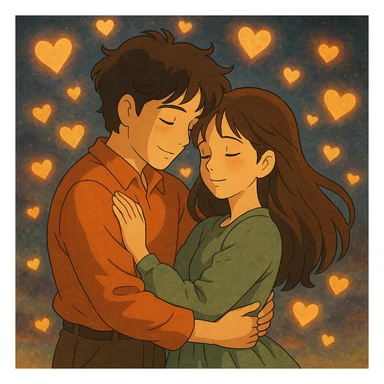 romantic couple hug surrounded by glowing hearts dreamy mood in ghibli style sticker