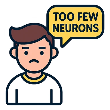 guy in white jumper, speech bubble 'too few neurons' sticker