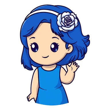 anime style girl with long dark blue hair, blue rose hair accessory, bright blue eyes, black dress, friendly smile sticker