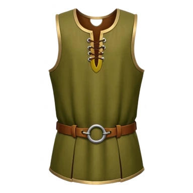 A stylized 3D render of a sleeveless medieval tunic, olive green fabric, scoop neck with a small keyhole opening fastened by brown leather toggles. sticker