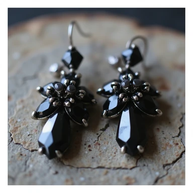 realistic goth earrings, black crystal cluster, faceted stones, elegant gothic sticker