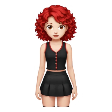 red haired girl with 2 big curls on the sides of her hair with a button up black tank top with red accents and a short skirt with red end sticker