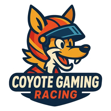 Coyote Gaming Racing logo in vibrant toon style, with a coyote character wearing a racing helmet sticker